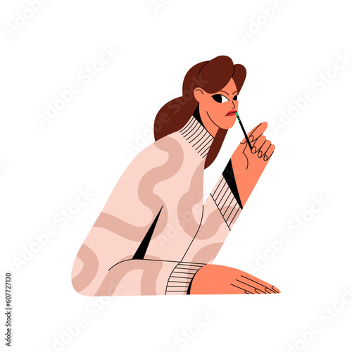 Thoughtful displeased envious woman looking with doubt. Sceptic pensive person thinking, considering with jealous, envy, suspicious emotion. Flat vector illustration isolated on white background photo