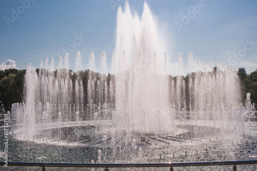 Light and music fountain on a spring morning. Natural Museum-reserve "Tsaritsyno". Fountain in Tsaritsyno Park.