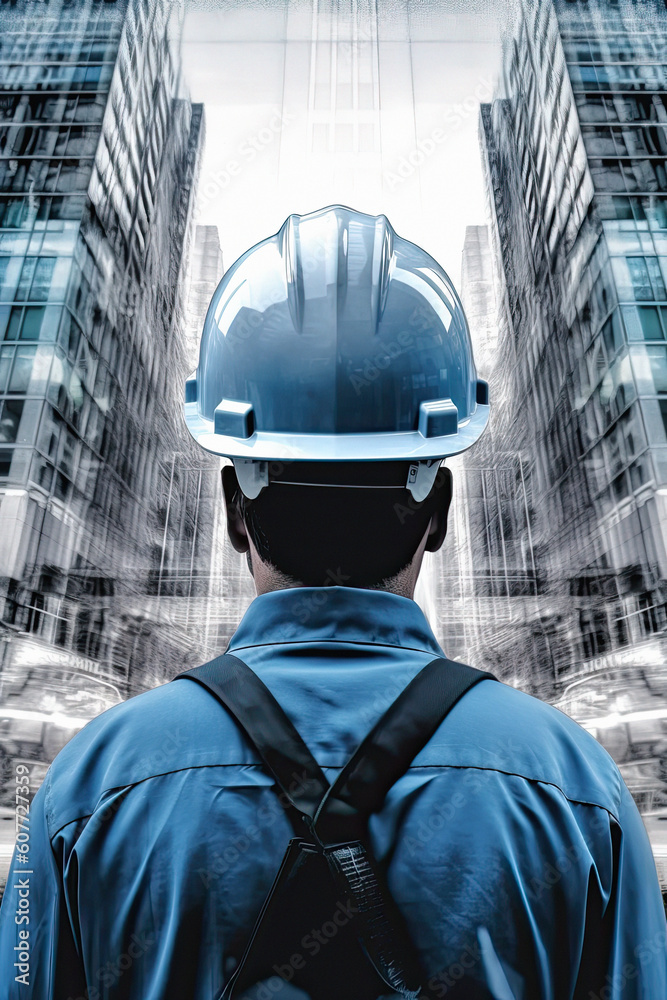 worker or engineer with safety helmet, skyscraper construction. Ai generative worker or engineer with safety helmet, skyscraper construction. Ai generative