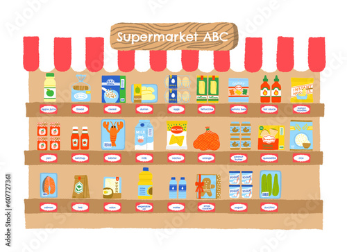 hand drawn supermarket shelves with food items. abc alphabet foods and drinks. grocery shelf with products isolated. ABC groceries in mart suitable for kids, school, background, teaching vocabulary.