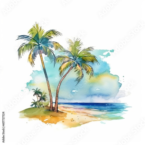 Holiday summer travel vacation illustration  - Watercolor painting of palms  palm tree on teh beach with ocean sea  design for logo or t shirt  isolated on white background  Generative Ai 