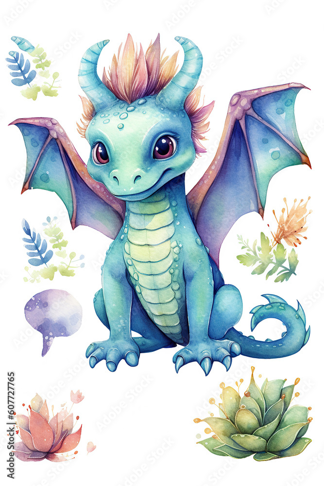Baby Dragon watercolor clipart cute isolated on white background Stock ...