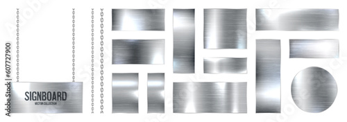Metal banners hanging on a chain. Realistic shiny steel plate with screws. Polished silver metal surface. Vector illustration