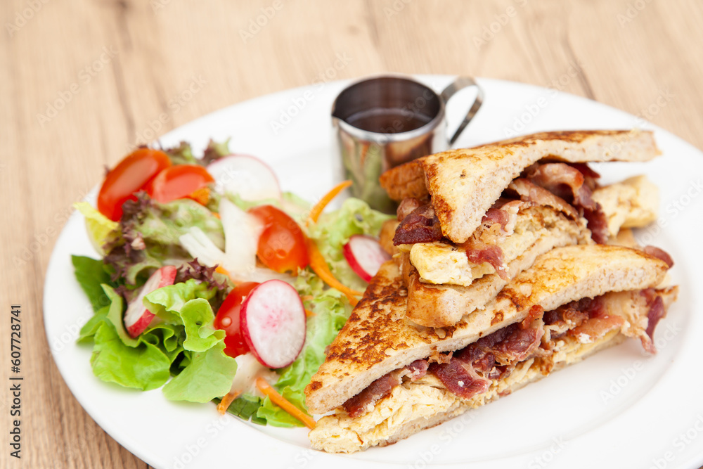 French toast with omelette and bacon for breakfast, brunch French toast with omelette and bacon for breakfast, brunch