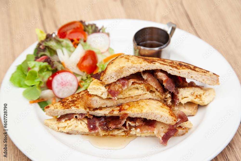 French toast with omelette and bacon for breakfast, brunch French toast with omelette and bacon for breakfast, brunch