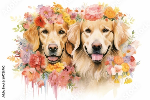 Fototapeta Naklejka Na Ścianę i Meble -  beauty of flowers with the charm of dogs a watercolor featuring dogs surrounded by a wreath of colorful blooms. intricate details and delicate washes to create a soft and dreamy effect