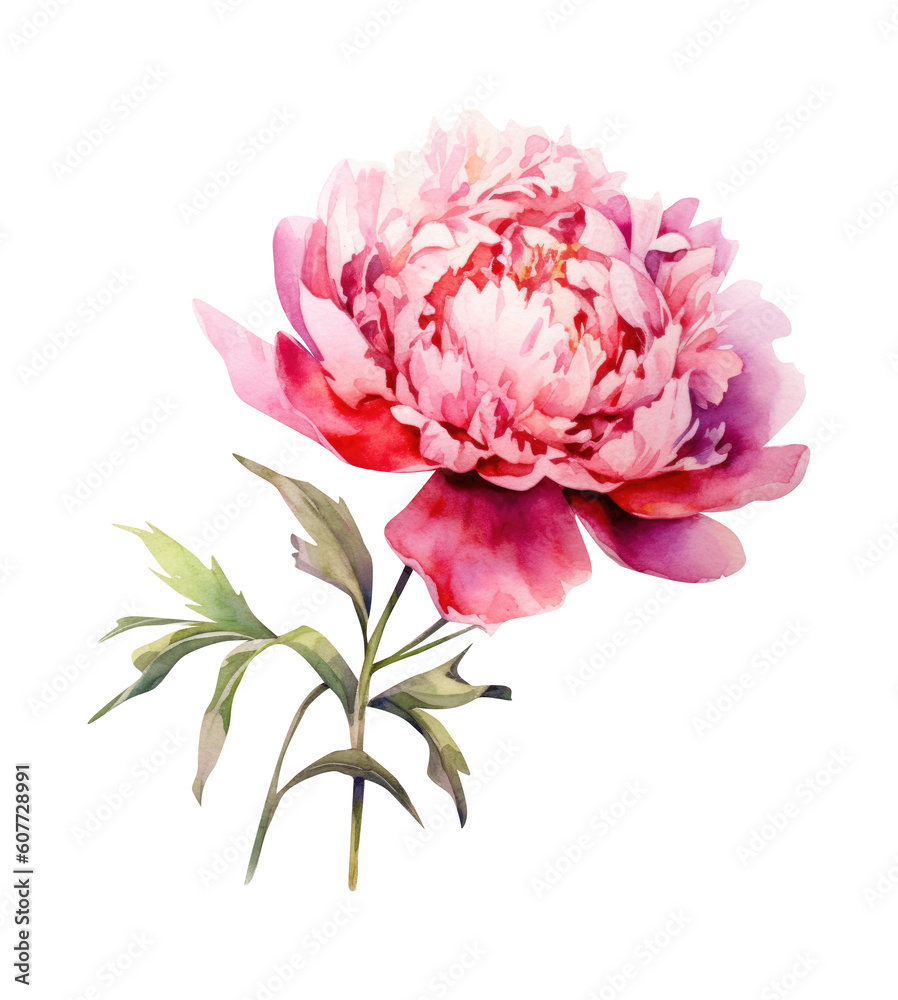 Watercolor crimson Peony, summer floral blossom, Generative AI, png image.