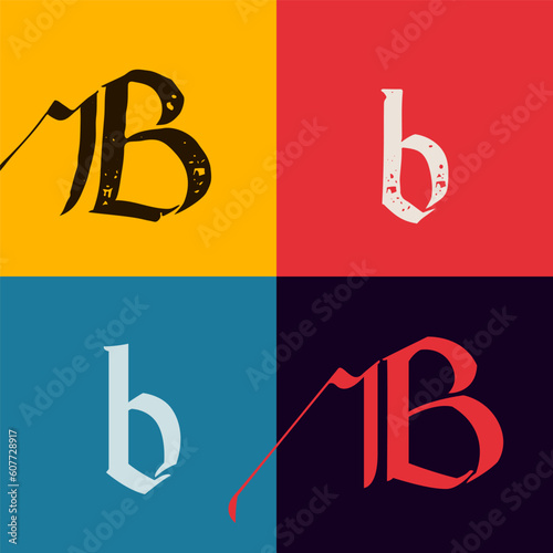 Gothic style letter B logo. Calligraphy uppercase and lowercase letters. Antique vintage blackletter vector set.