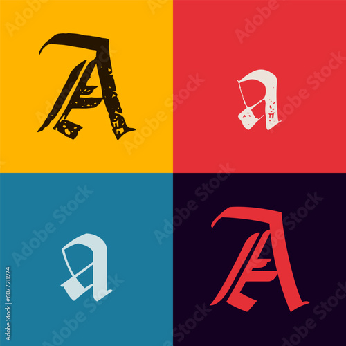 Gothic style letter A logo. Calligraphy uppercase and lowercase letters. Antique vintage blackletter vector set.