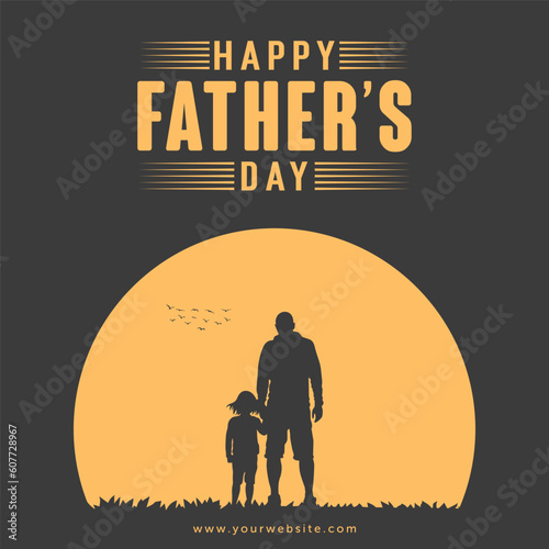 Happy fathers day dad and son beautiful silhouette sunset scene poster design © Pobitro