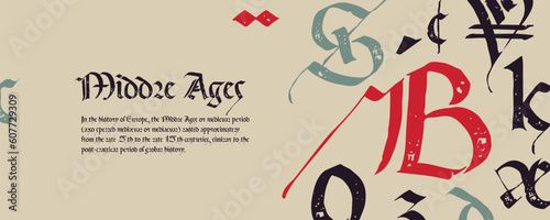 Medieval manuscript frame with blackletter pattern. Template for vintage greeting card, gothic banner, gift voucher.