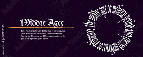 Medieval web banner with blackletter gothic calligraphy on a circle. Ornamental frame with lettering composition pattern.