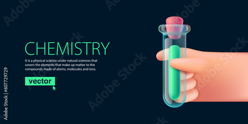 Hand of scientist holding chemical test tube. Realistic 3D render. Vector cartoon plastic style.