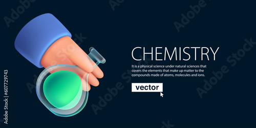 Hand of scientist holding chemical sphere flask. Realistic 3D render. Vector cartoon plastic style. E