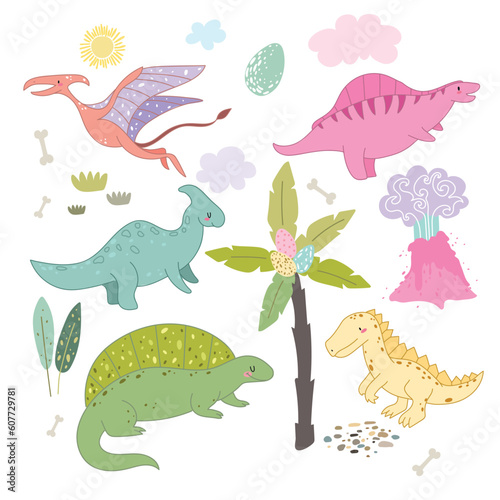 Dinosaurs vector set in cartoon Scandinavian style. A colorful cute children s illustration is perfect for a child s room. Dino  sun  volcano  palm  plants  eggs  clouds.
