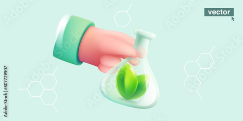 Hand of scientist holding chemical cone flask with green leaves inside. Eco illustration.