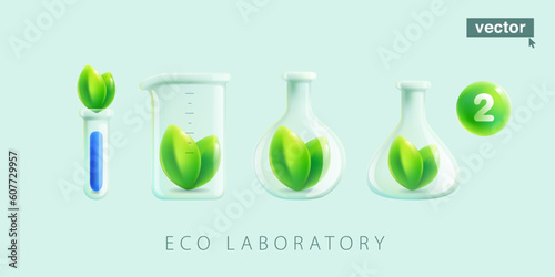 Biological laboratory equipment. Realistic 3D render glass tube, flask, and beaker with green leaves inside. Eco illustration.