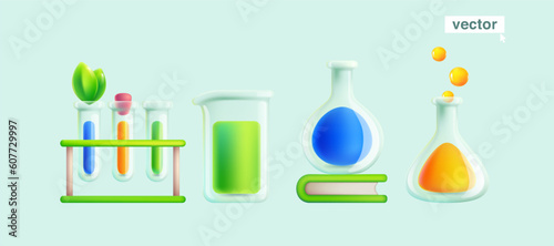 Biological laboratory equipment. Realistic 3D render glass tube, flask, and beaker with color liquid and green leaves.