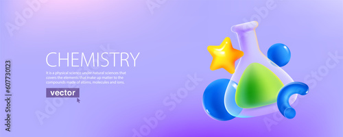 Vector flask with abstract spheres and cones. Scientific technology. laboratory, biotechnology, chemistry, science concepts.