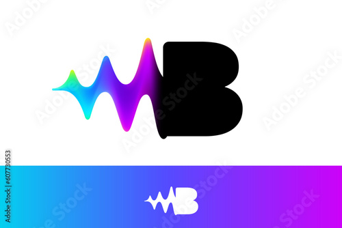 Letter B logo with sound wave flow. Vibrant line glitch effect. Multicolor neon gradient icon.