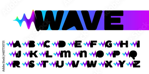 Alphabet set with sound waves flow. Vibrant line glitch effect. Multicolor neon gradient icon.