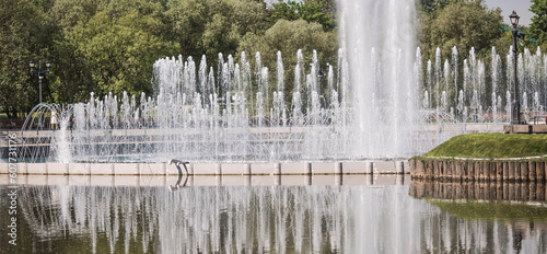 Light and music fountain on a spring morning. Natural Museum-reserve 