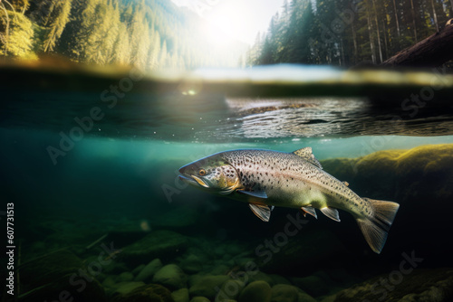 trout fish underwater in forest river. generative AI