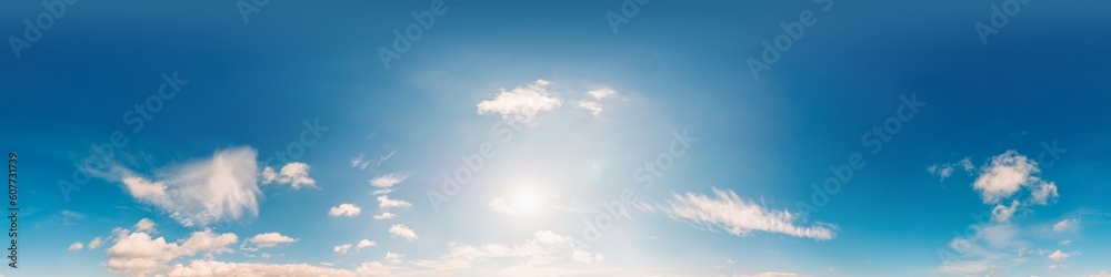 Clear blue summer sky panorama with Cumulus clouds. Seamless hdr spherical 360 panorama. Sky dome in 3D visualization, sky replacement for aerial drone 360 panoramas. Weather and climate change Clear blue summer sky panorama with Cumulus clouds. Seamless hdr spherical 360 panorama. Sky dome in 3D visualization, sky replacement for aerial drone 360 panoramas. Weather and climate change