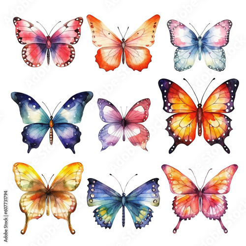 Set of watercolor illustrations depicting bright butterflies isolated on a transparent background.  Transparent Png files, ai generated