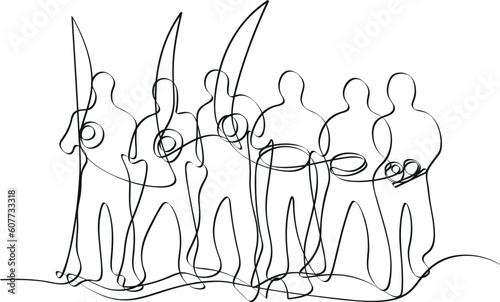 Group of people playing brazilian capoeira music. Abstract continuous line art vector illustration.