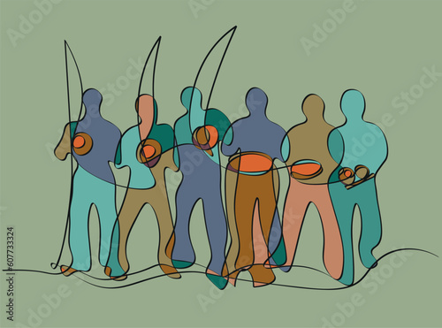 Group of people playing brazilian capoeira music. Abstract continuous line art vector illustration with colors.