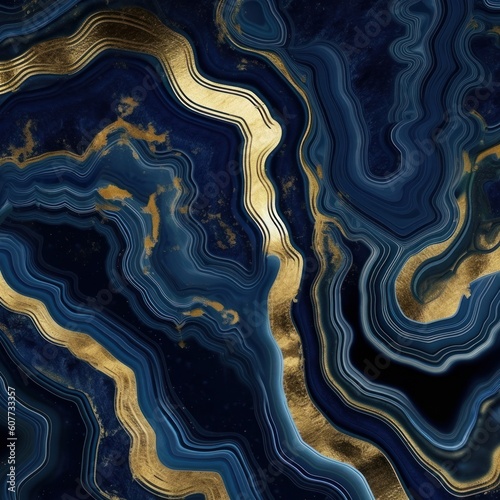 abstract luxurious dark blue background, fake agate with golden veins, painted artificial stone texture, marbled surface, digital marbling, Generative AI