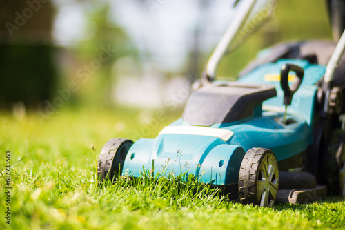 Wallpaper Mural Lawn mover on green grass in modern garden or backyard. Machine for cutting lawns. Gardening care tools and equipment Torontodigital.ca