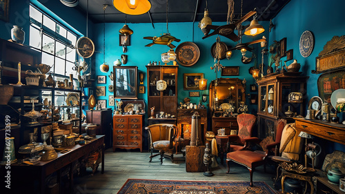 Interior of an antique store with old vintage classical objects and furniture. Generative Ai photo
