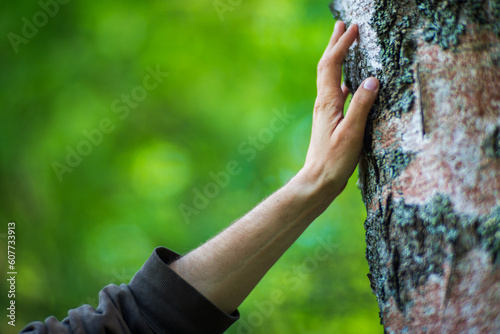 A man's hand touch the tree trunk close-up. Bark wood.Caring for the environment. The ecology concept of saving the world and love nature by human photo