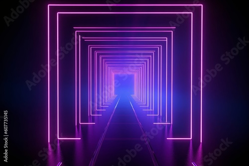 3d render, ultraviolet neon square portal, glowing lines, tunnel, corridor, virtual reality, abstract fashion background, violet neon lights, arch, pink purple vibrant colors, laser, Generative AI