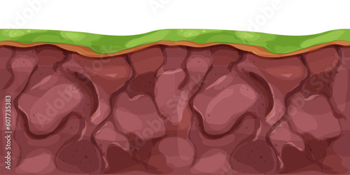 Ground land underground cross section textured with stones in cartoon style. Game level, scenery. Farming ar garden