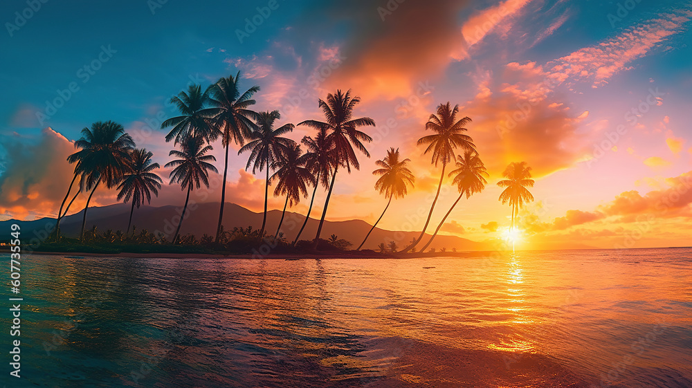 Paradise beach sunset or sunrise with tropical palm trees. Generative Ai