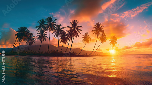 Paradise beach sunset or sunrise with tropical palm trees. Generative Ai