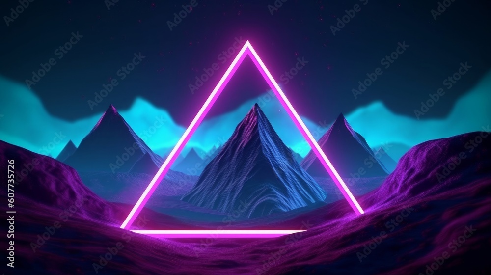 3d rendering. Abstract futuristic neon background. Fantastic landscape with glowing geometric triangular frame and mountains, Generative AI