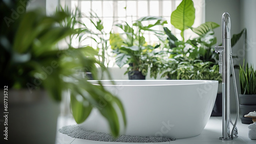 Modern white tub and beautiful green houseplants in bathroom. Generative Ai