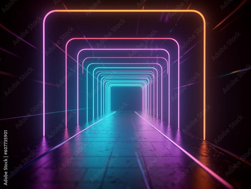 3d render, glowing lines, tunnel, neon lights, virtual reality, abstract background, square portal, arch, pink blue spectrum vibrant colors, laser, Generative AI