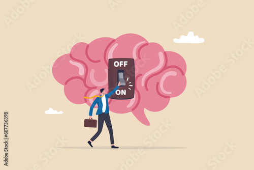 Turn on brain to think, creativity, thought or concentration, smart thinking or emotional intelligence, mindset, wisdom and knowledge concept, smart businessman genius turn on switch on his own brain.