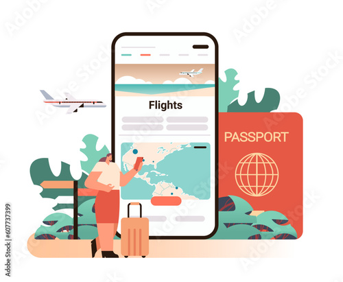 woman looking for available cheapest tickets via mobile app online booking searching for flight service concept