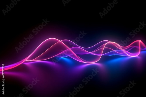 3d render, abstract background with wavy line. Glowing pink blue red neon light in ultraviolet spectrum, Generative AI