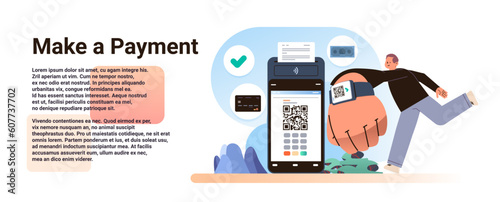 man customer or shopper using mobile app with qr code and pos-terminal to make a payment on wrist watch online shopping