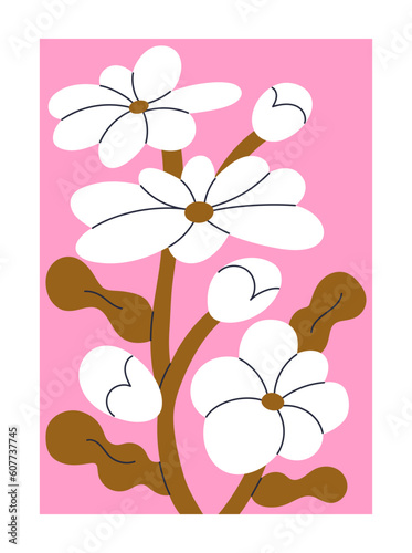 Modern floral card, blooming flowers. Botanical poster with gorgeous blossome...