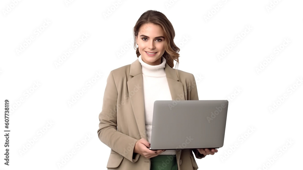 young happy dressed woman using a laptop on a white background