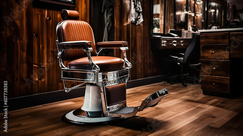 Stylish Vintage Barber Chair In Wooden Interior. Barbershop Theme. Generative Ai © vectorizer88
