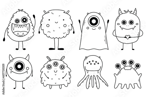 Set with cute monsters in doodle style. Linear children's monsters. Coloring book for children. vector illustration. Isolated mascot.
